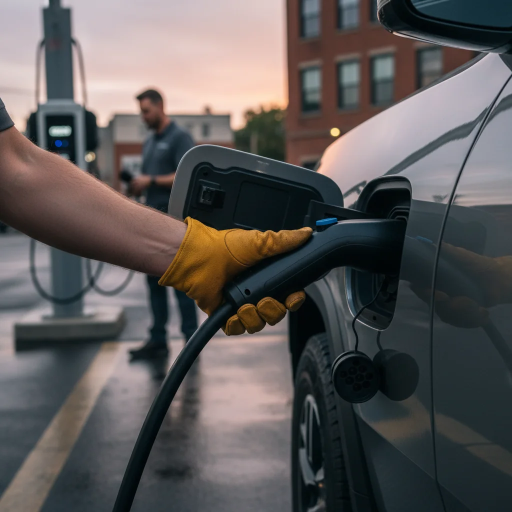 A Rivian R1T truck at a public charger with the charge cable stuck in the port