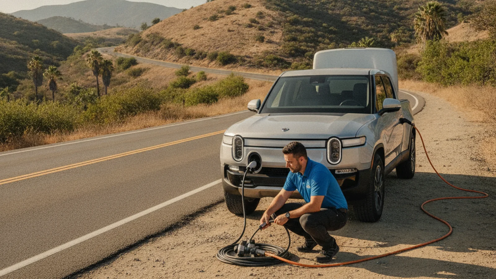 A Rivian R1T truck with a portable Level 2 charger plugged in on a desert road shoulder