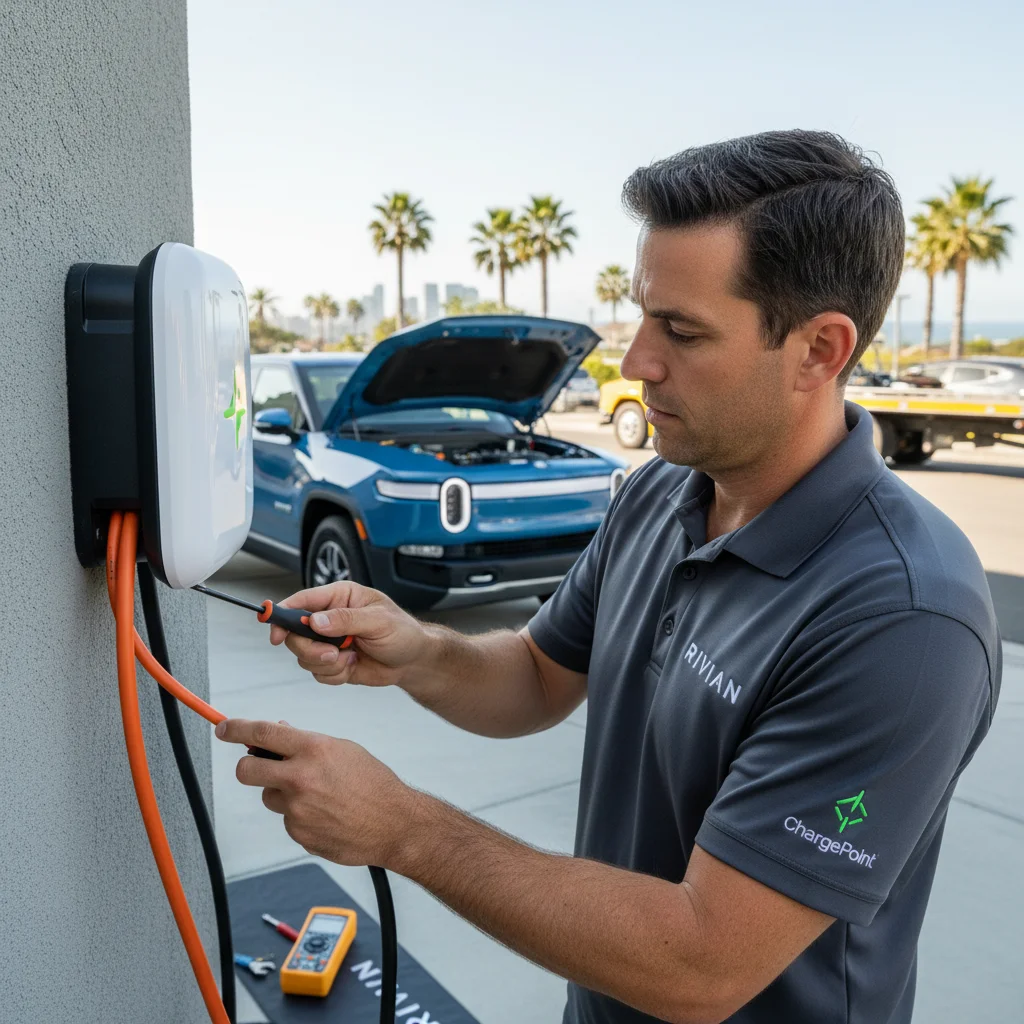 A close-up of a CCS charging connector plugged into a stranded Rivian on a Valley freeway shoulder
