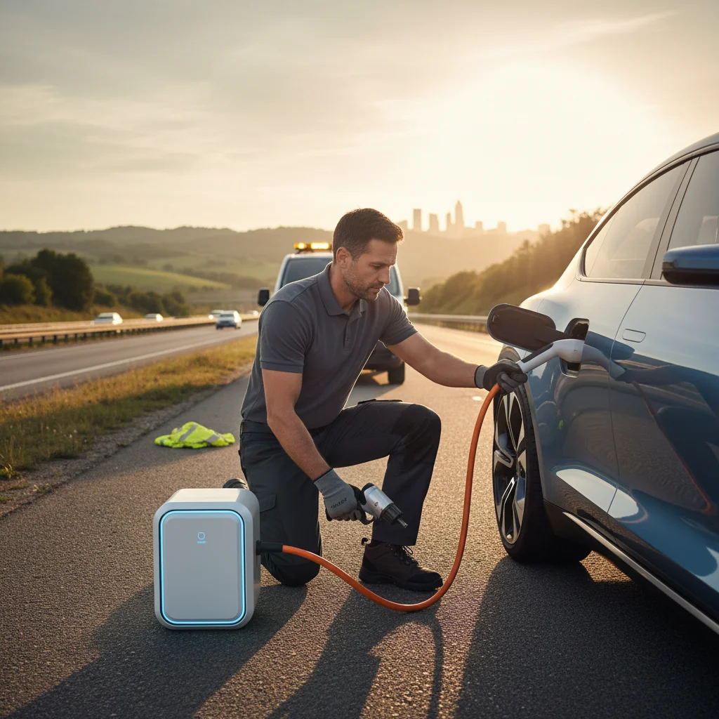 A technician connecting a portable Level 2 charging cable to a stranded EV at the roadside