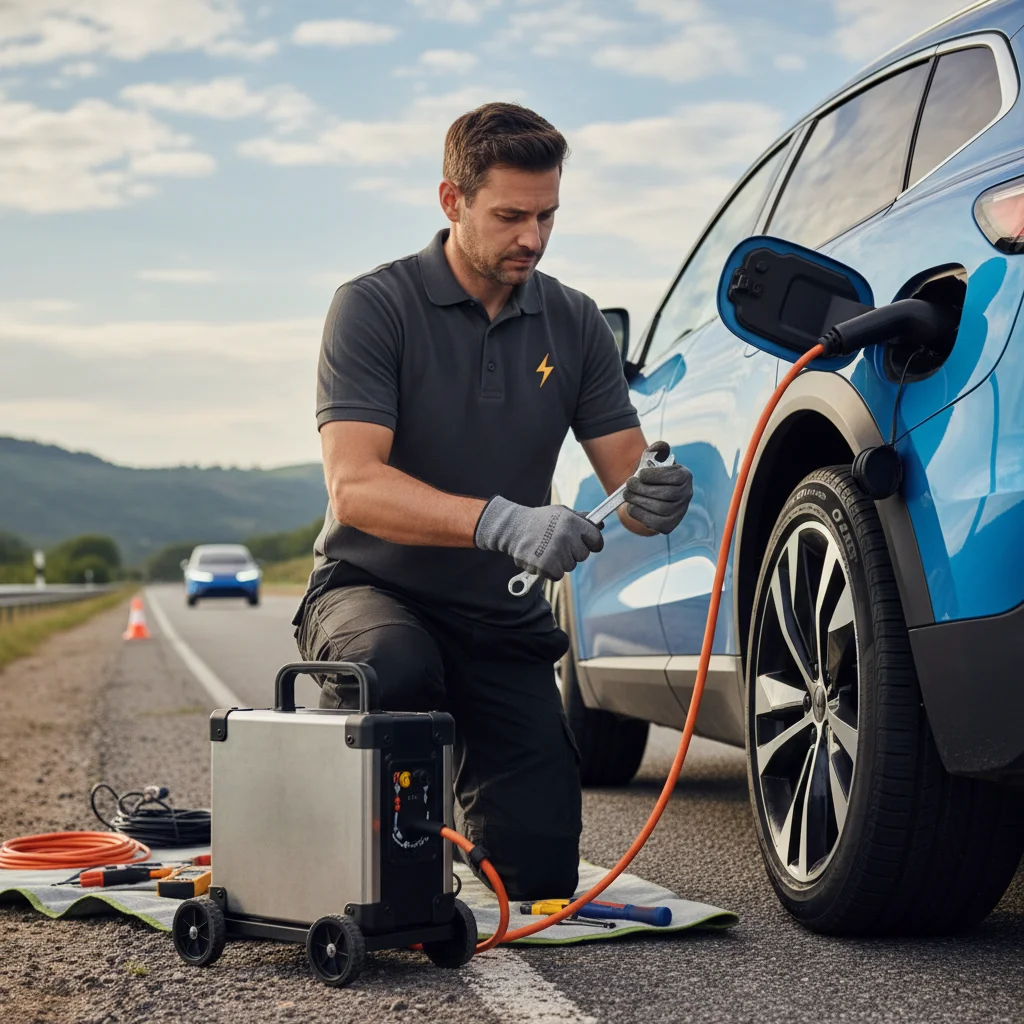 Close-up of a mobile charging connector plugged into an EV charge port at the roadside