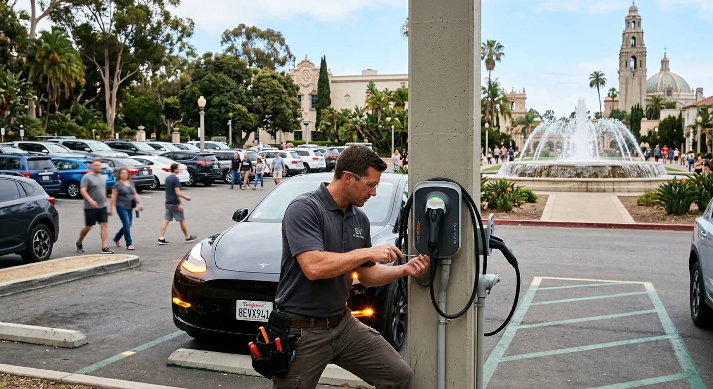 A stranded electric car in the Sloan Park parking lot after a Cubs spring training game