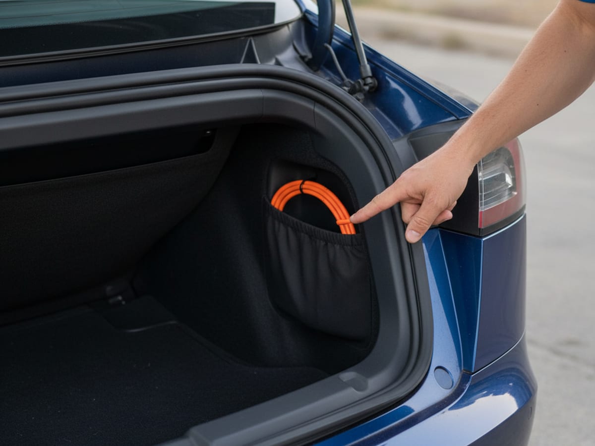 Trunk trim pulled back to show a manual charge-port release cable