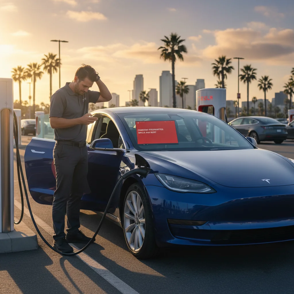 A Tesla on a Valley freeway shoulder with a down Supercharger displayed on the dashboard