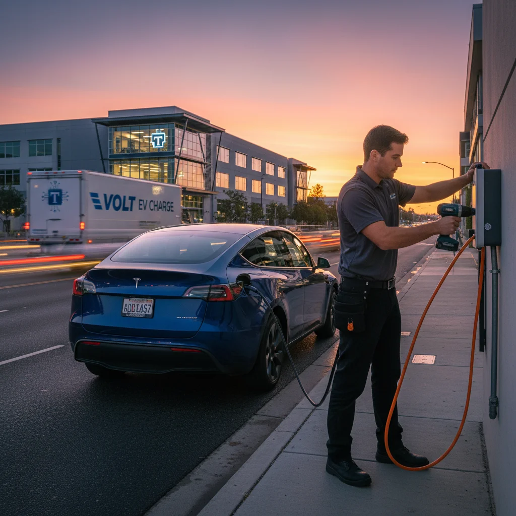 A compact EV parked in a lot with its charge port open and a driver waiting beside it