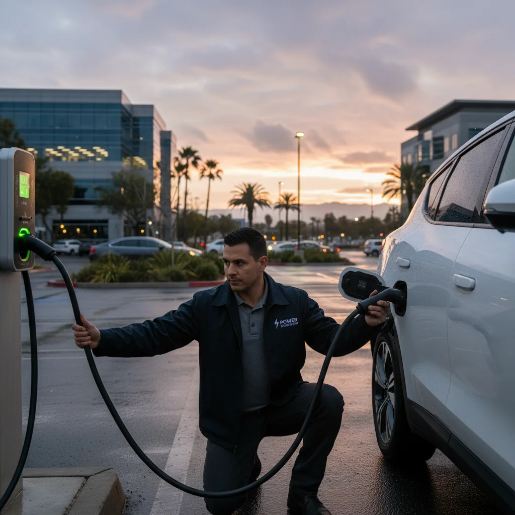 A technician connecting a mobile charging cable to an EV charge port in a parking lot