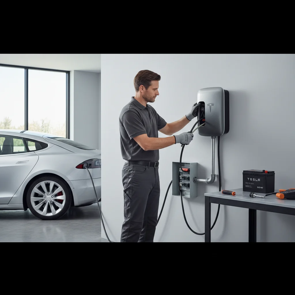 A Tesla 12-volt battery being lifted out from under the front bumper cover
