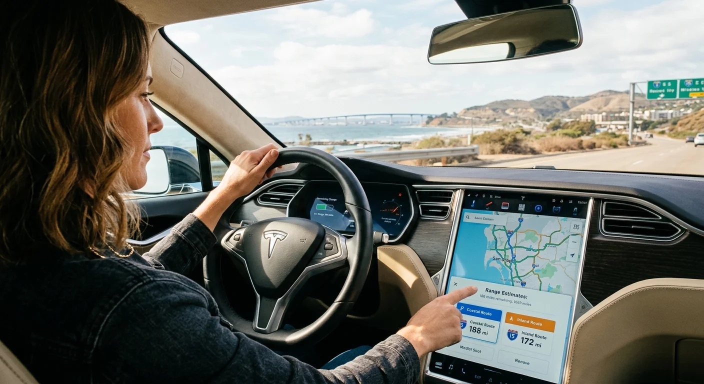 Driver checking remaining charge on a Tesla screen beside a parked electric car