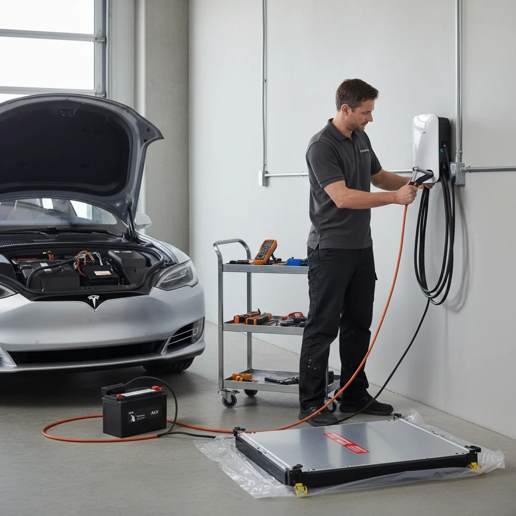 A Tesla parked in a sunlit Phoenix driveway with the frunk open showing battery components