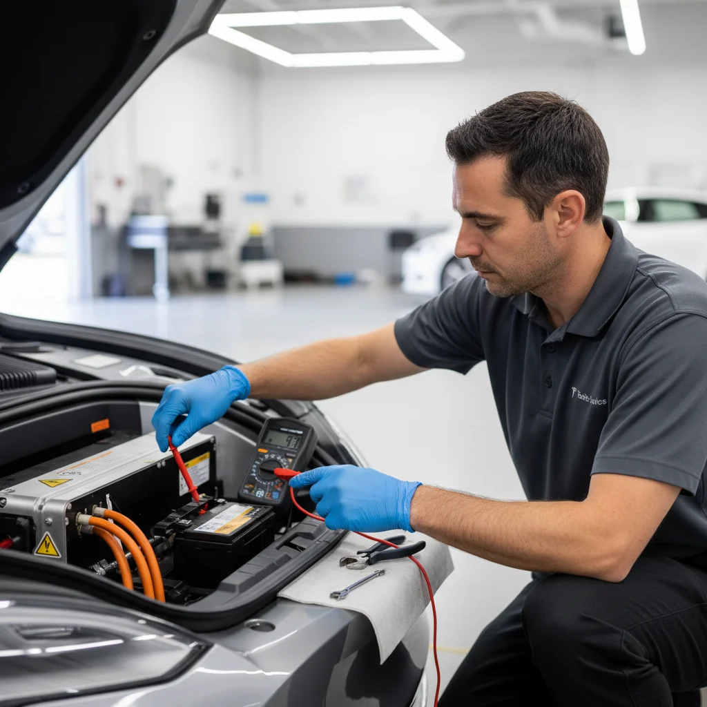 Close-up of a Tesla's 12-volt battery under the front bumper cover