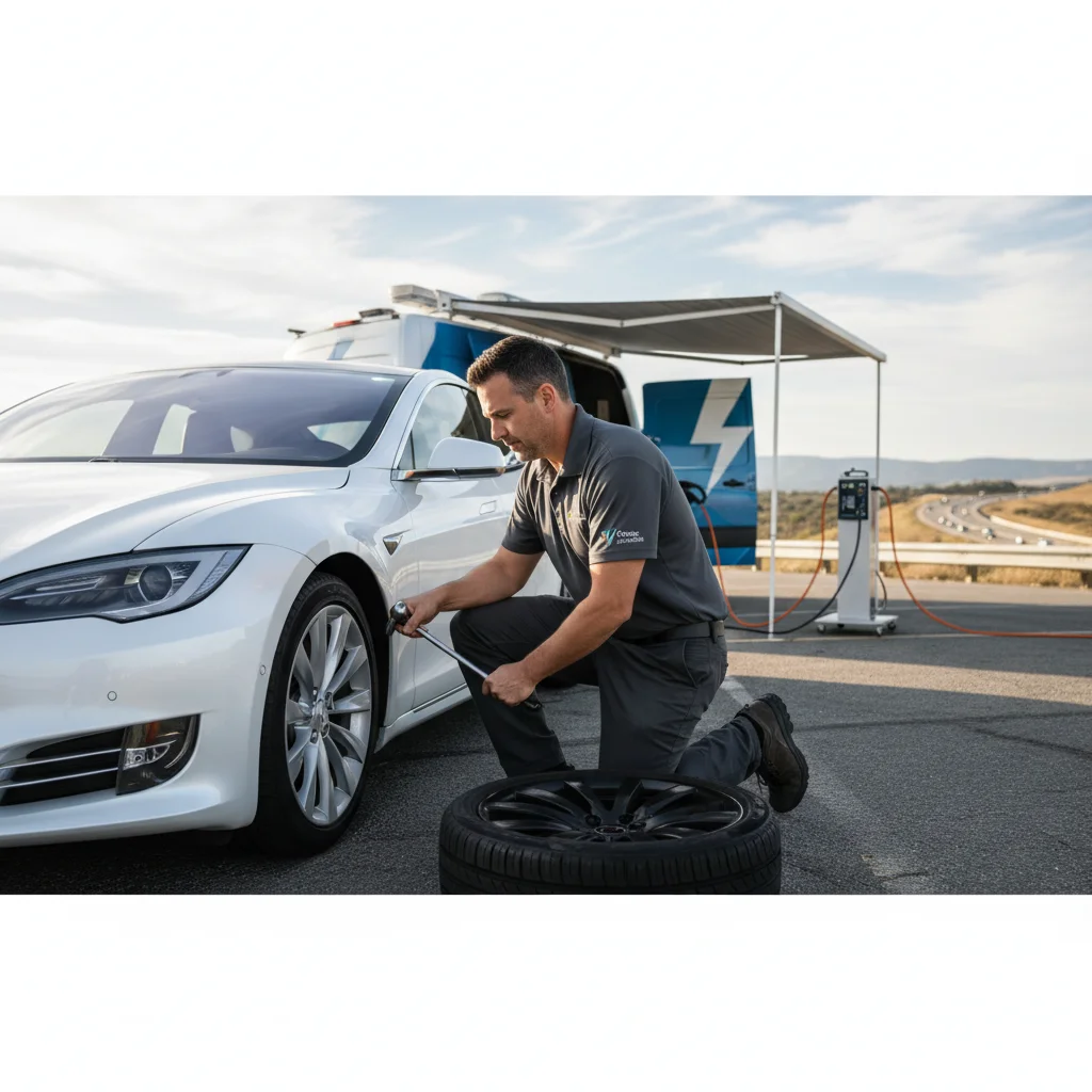 A Tesla with a flat tire on a sunlit Phoenix freeway shoulder