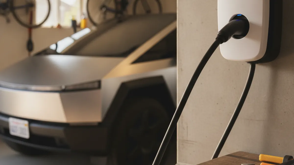 An electric car on a paved shoulder with a charging cable plugged into the charge port.