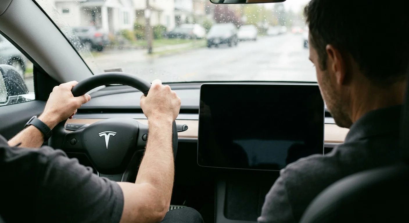 A newer Tesla Model 3 parked in a sunlit Phoenix driveway with a dark dashboard