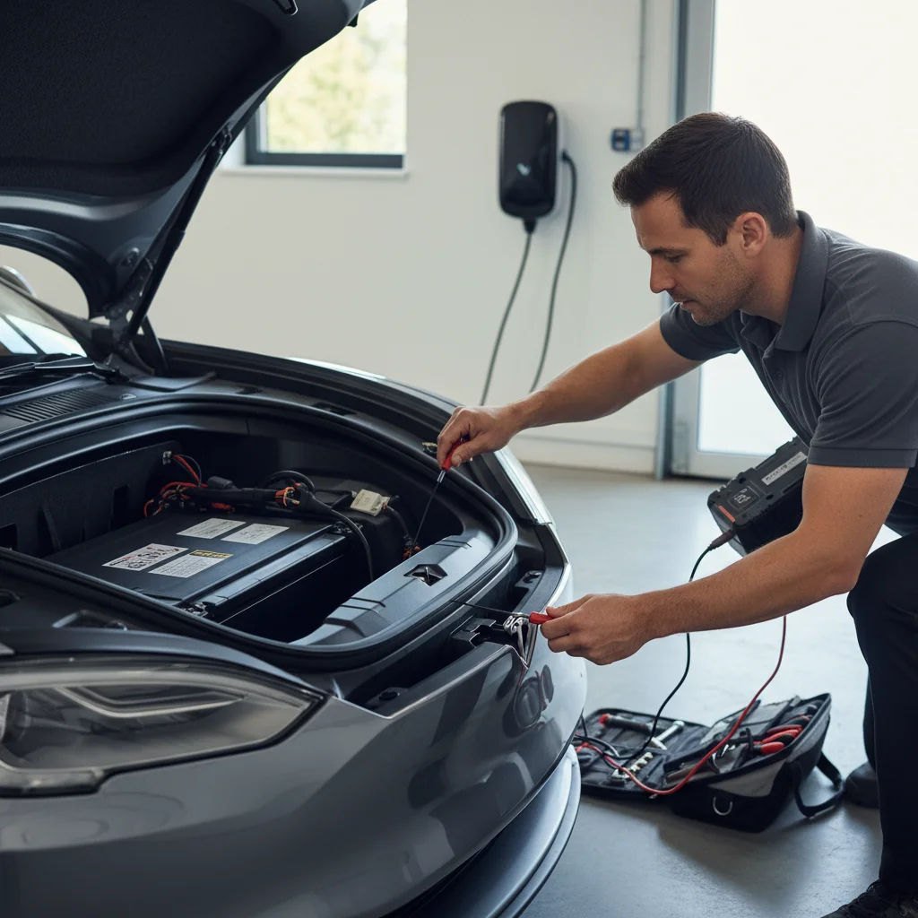 A close-up of a Tesla front bumper cover being removed to access the 12-volt jump point
