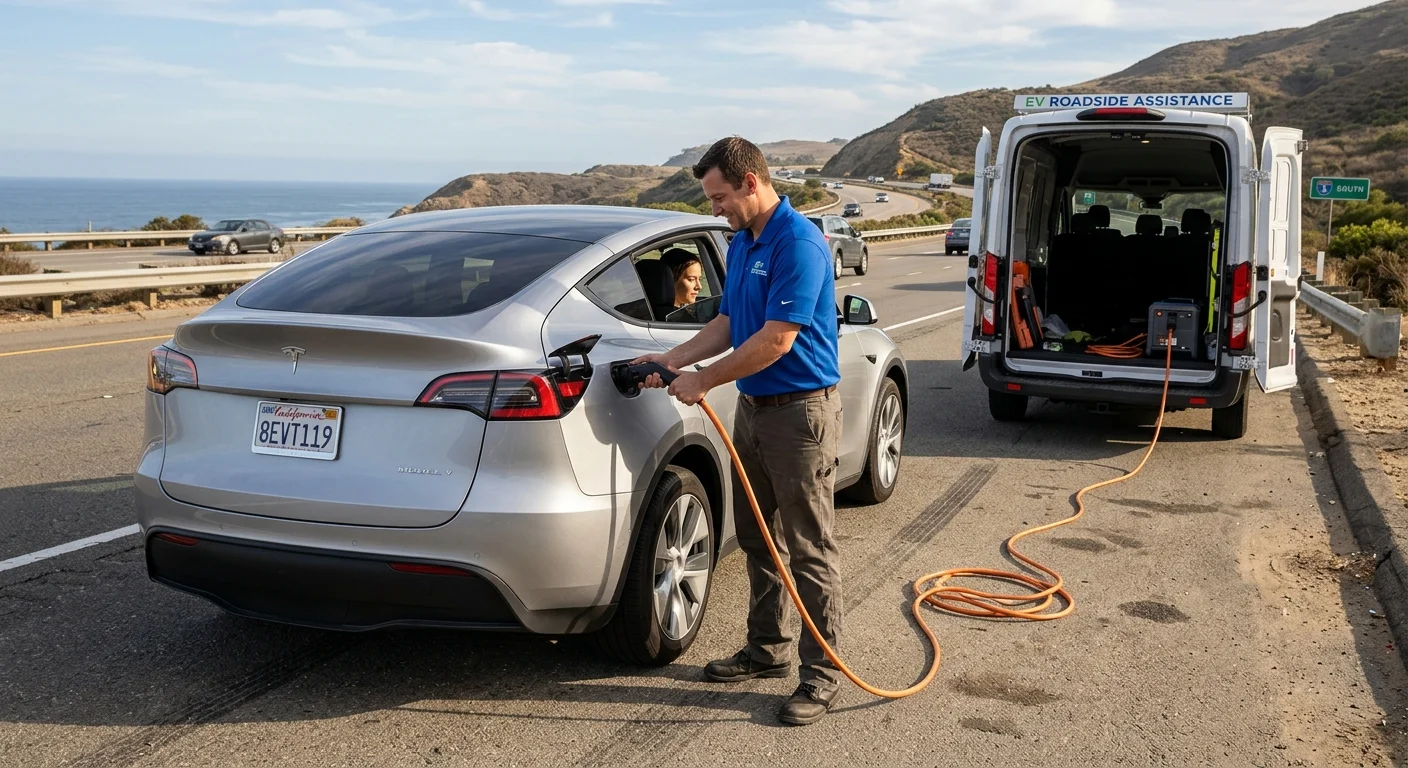 A Tesla dashboard showing a low battery warning on a Valley highway