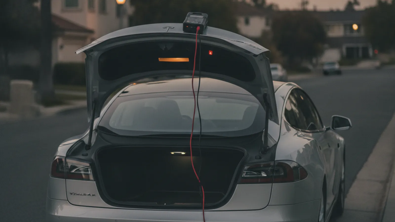 A Tesla Model S parked in a sunlit Phoenix driveway with a dark dashboard