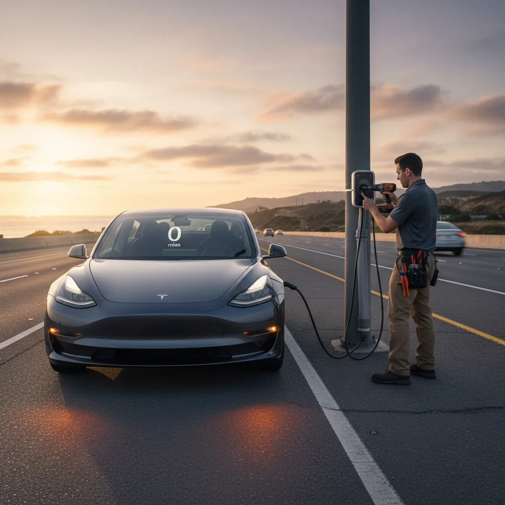 A Tesla on the shoulder of a Valley freeway with a low battery warning on the dashboard
