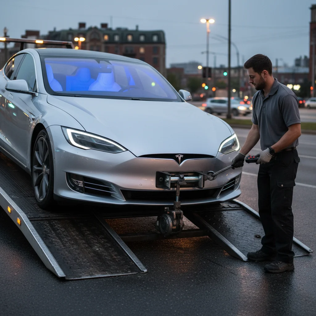 A close-up of a mobile Level 2 cable connected to a Tesla on a Valley freeway shoulder