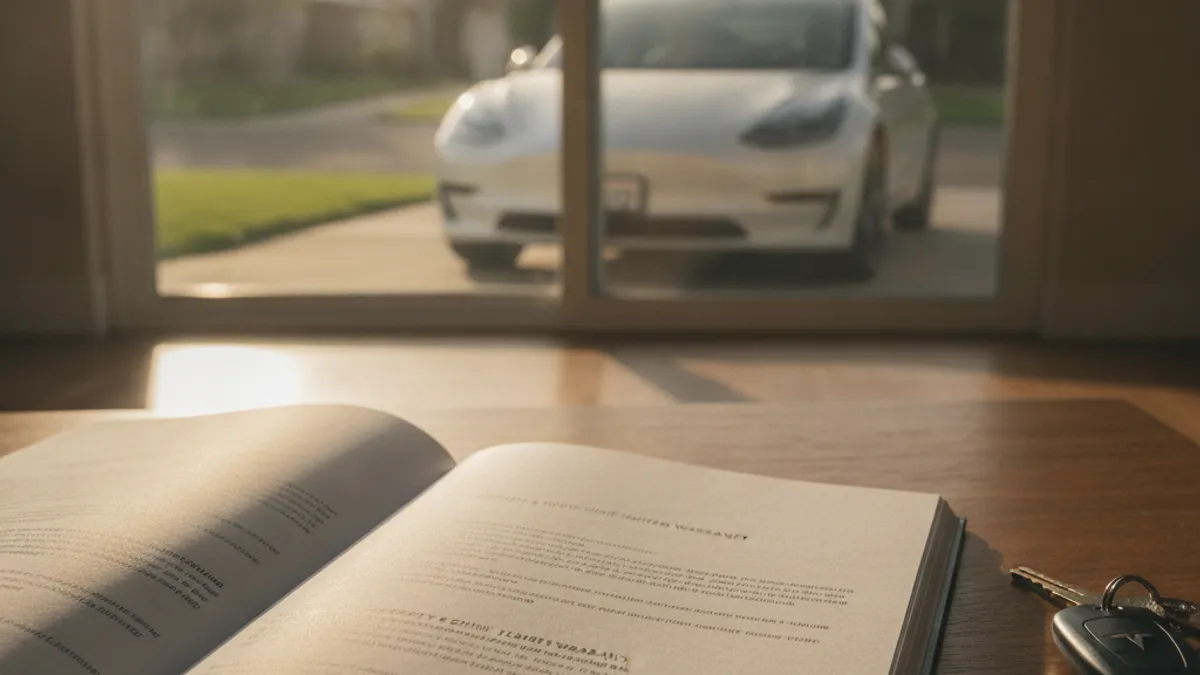 A Tesla warranty document displayed over a Phoenix driveway with a Tesla in the background