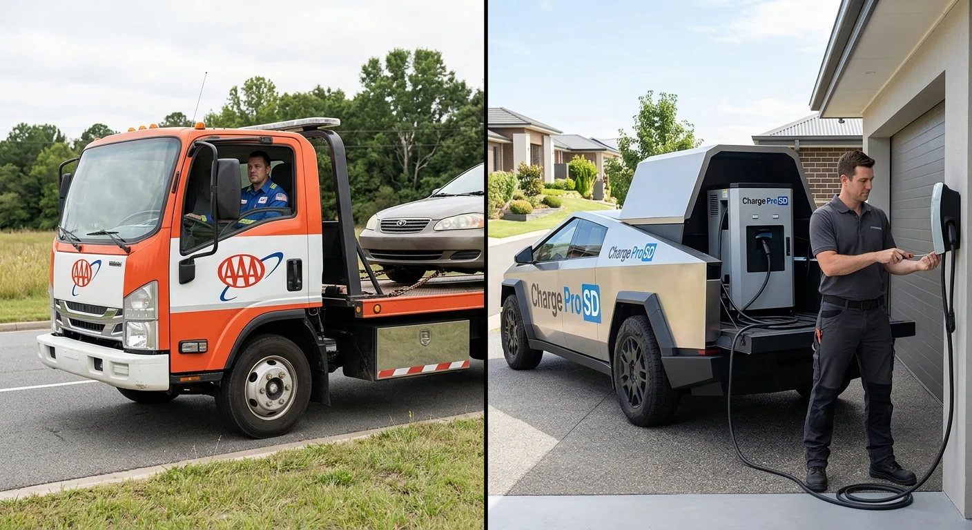 Split view of a tow truck and a mobile charging van on a highway shoulder behind a stopped electric car