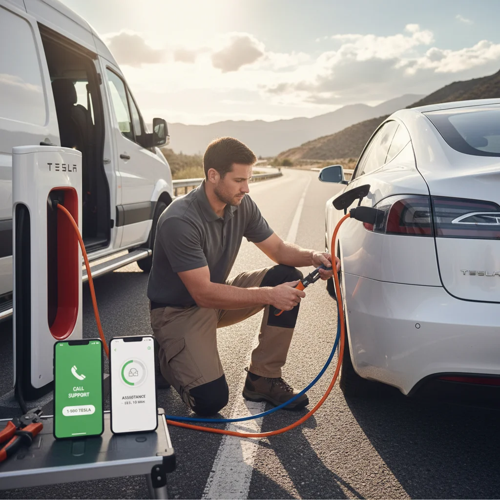 A Tesla with the mobile app open on a phone showing a roadside request screen