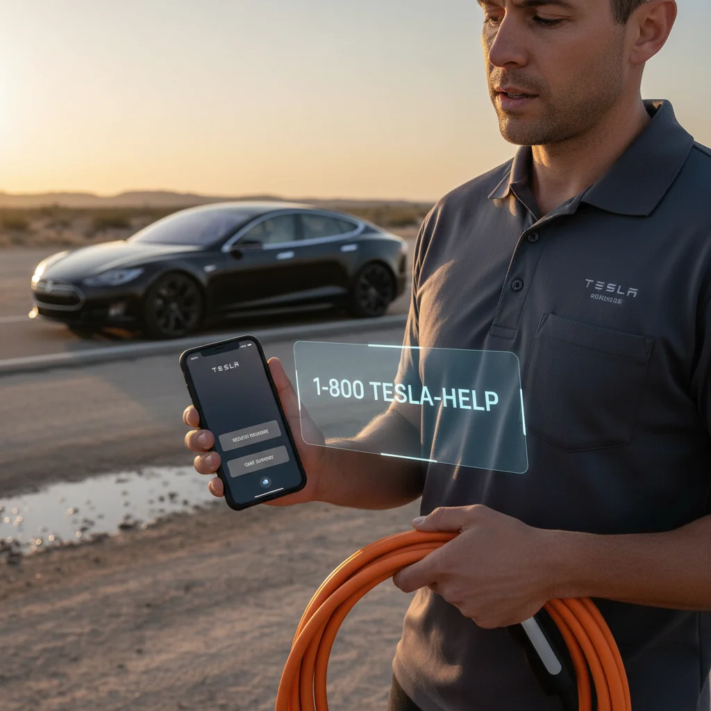 A close-up of a Tesla mobile app showing the roadside request screen with location and VIN
