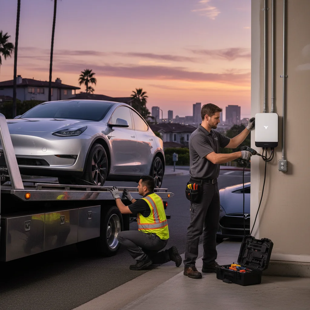 A Tesla contractor tow truck pulling a Tesla off a Valley freeway shoulder