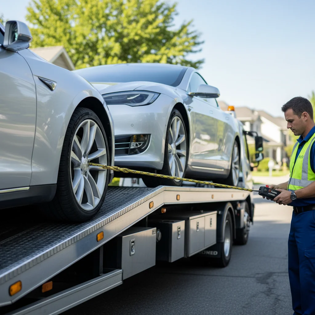 A close-up of a Tesla being winched onto a contractor flatbed tow truck