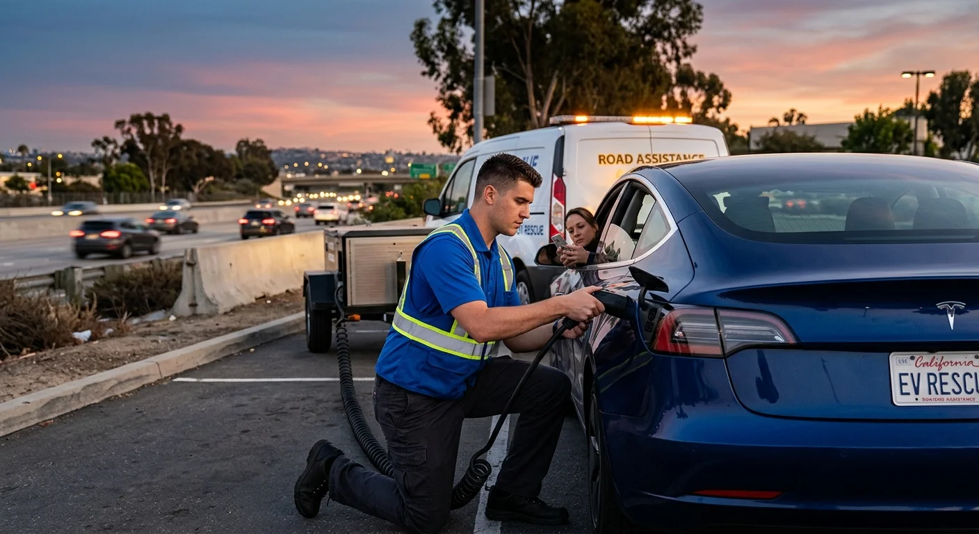 A Tesla parked on a freeway shoulder at dusk with hazard lights on