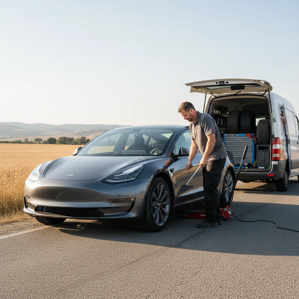 A Tesla on a sunlit Phoenix freeway shoulder with a damaged front tire