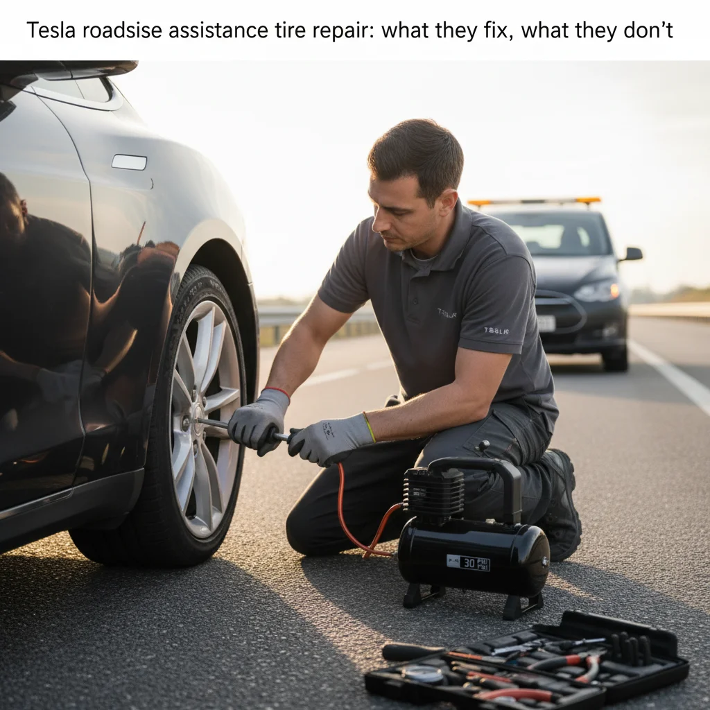 A close-up of a Tesla tire being repaired with a plug kit on a Phoenix shoulder