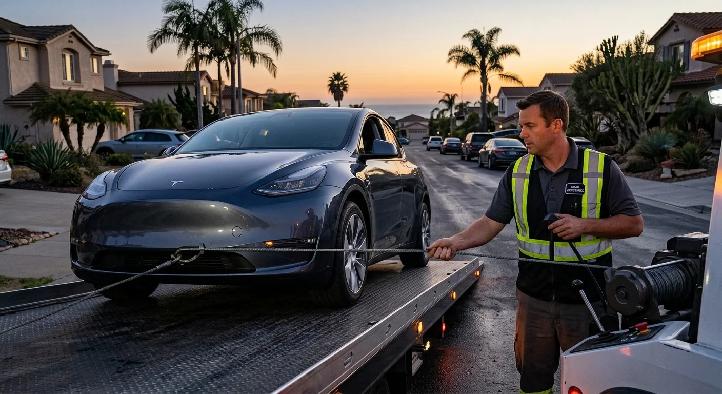 A Tesla being winched onto a flatbed at dusk, wheels pointed straight, a technician guiding the cable.