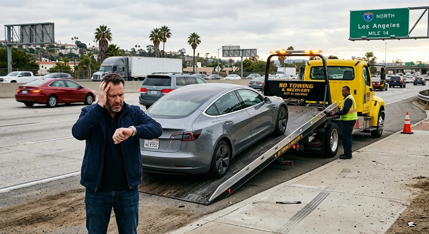 A flatbed tow truck loading an EV on a freeway shoulder while the driver checks a phone