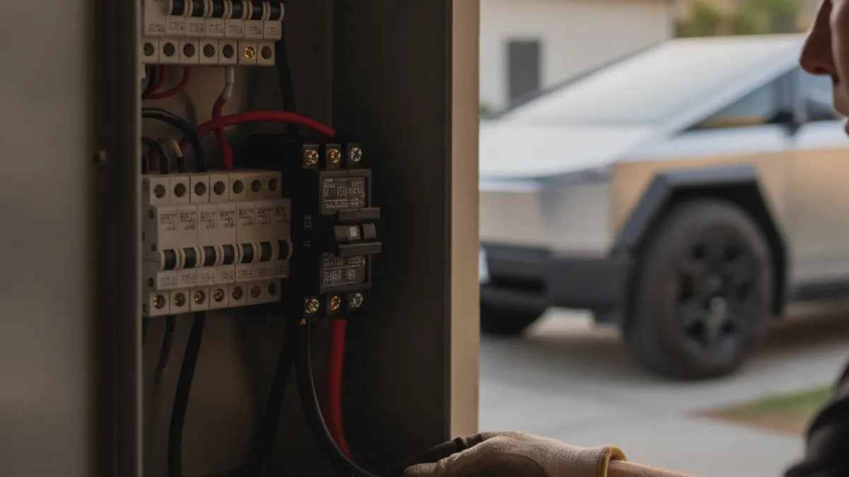 Hands working inside an open residential electrical panel, with a 240-volt breaker visible.