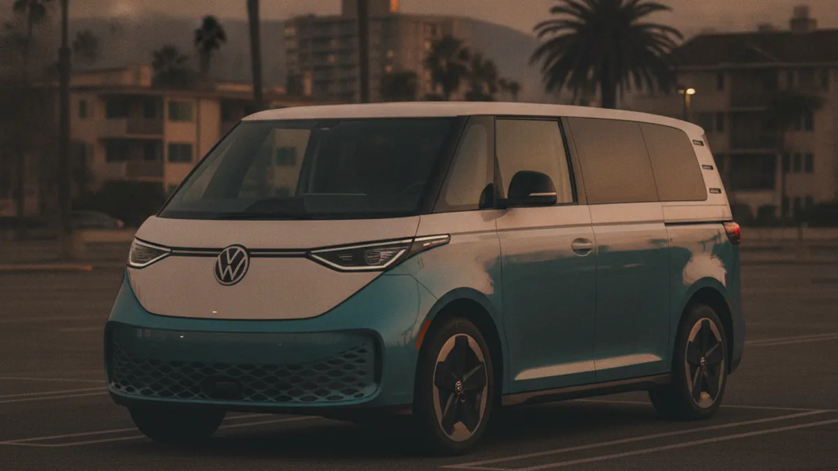 A VW ID.Buzz electric microbus parked in a sunlit driveway with a dark dashboard