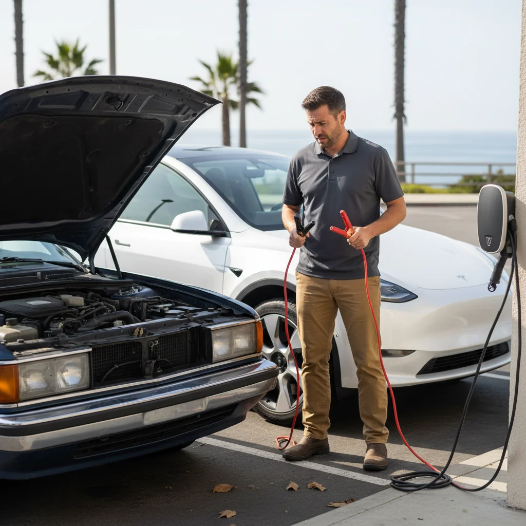 Driver holding jumper cables beside a gas car with its hood open in a hot parking lot