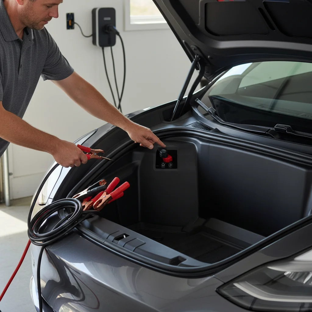 Jumper cables resting next to 12-volt terminals under an open EV frunk lid