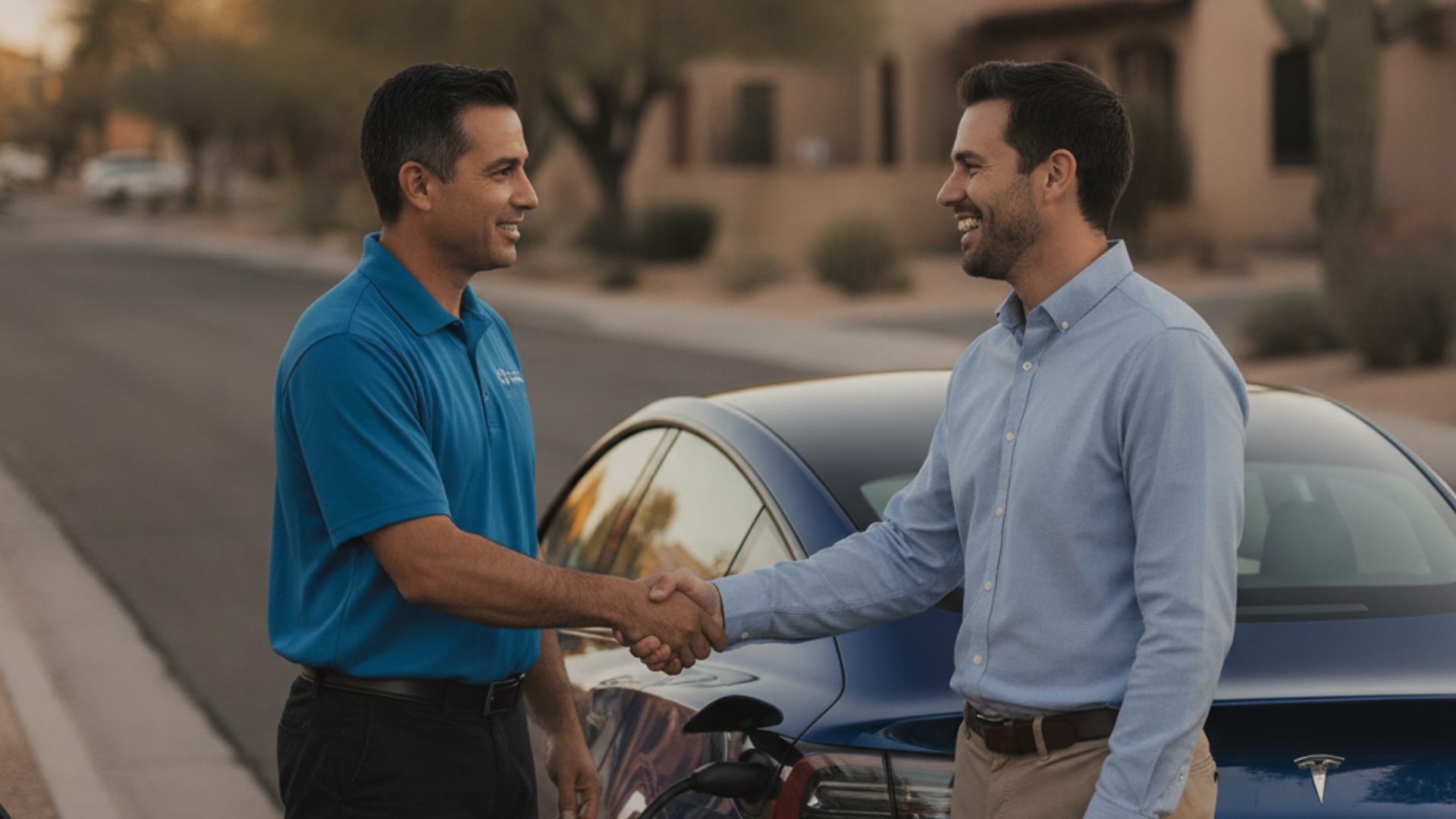 An EV driver speaking with a roadside professional beside a Tesla Model 3 in the Phoenix area