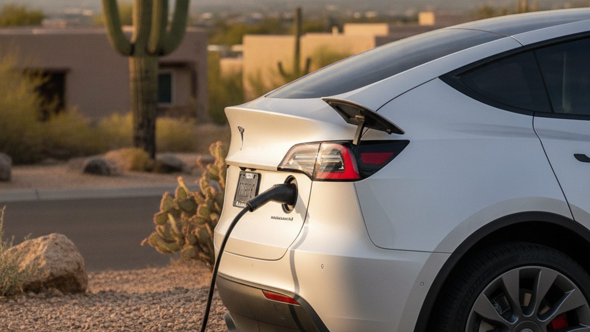 Mobile charging cable connected to a Tesla Model Y on a Phoenix street