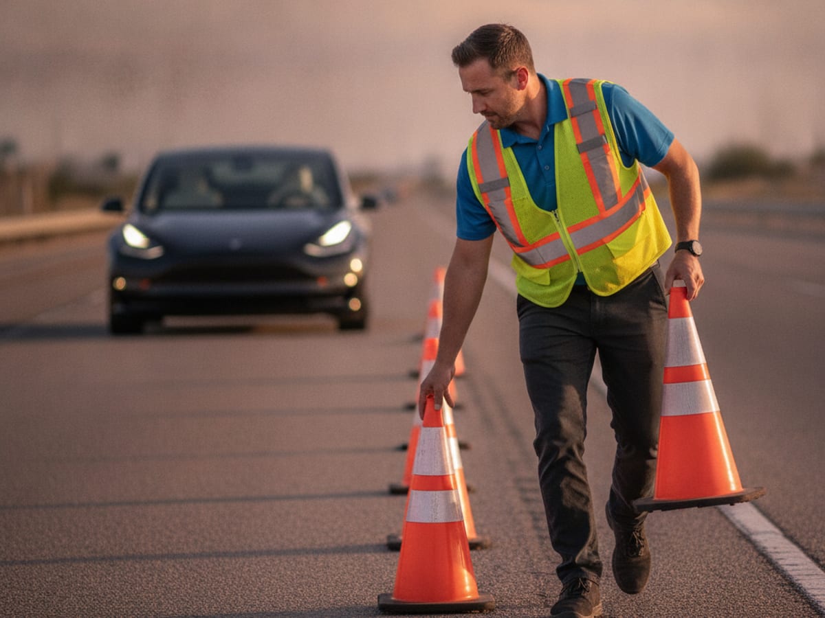 Roadside safety cones placed near an electric vehicle in the Phoenix area