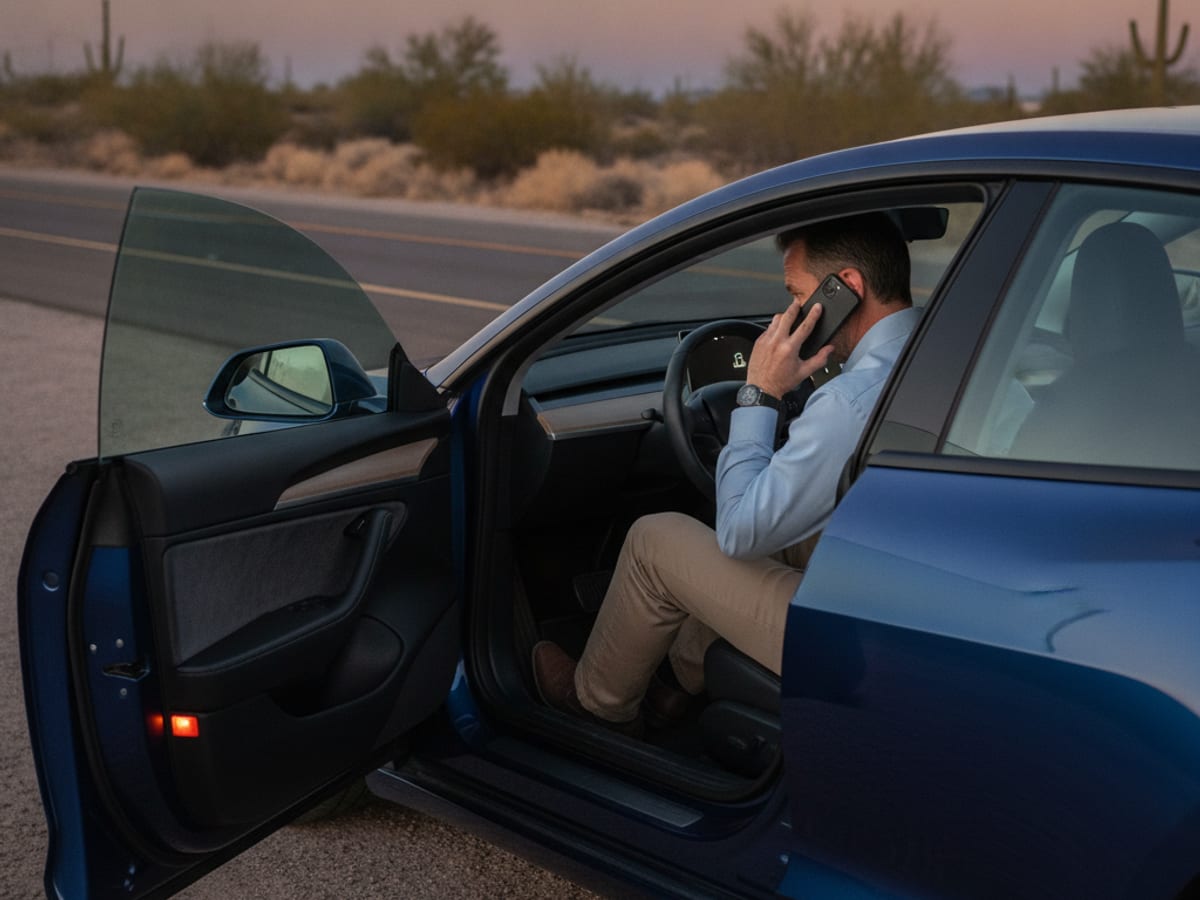 Electric vehicle stopped at a safe roadside location in the Phoenix area