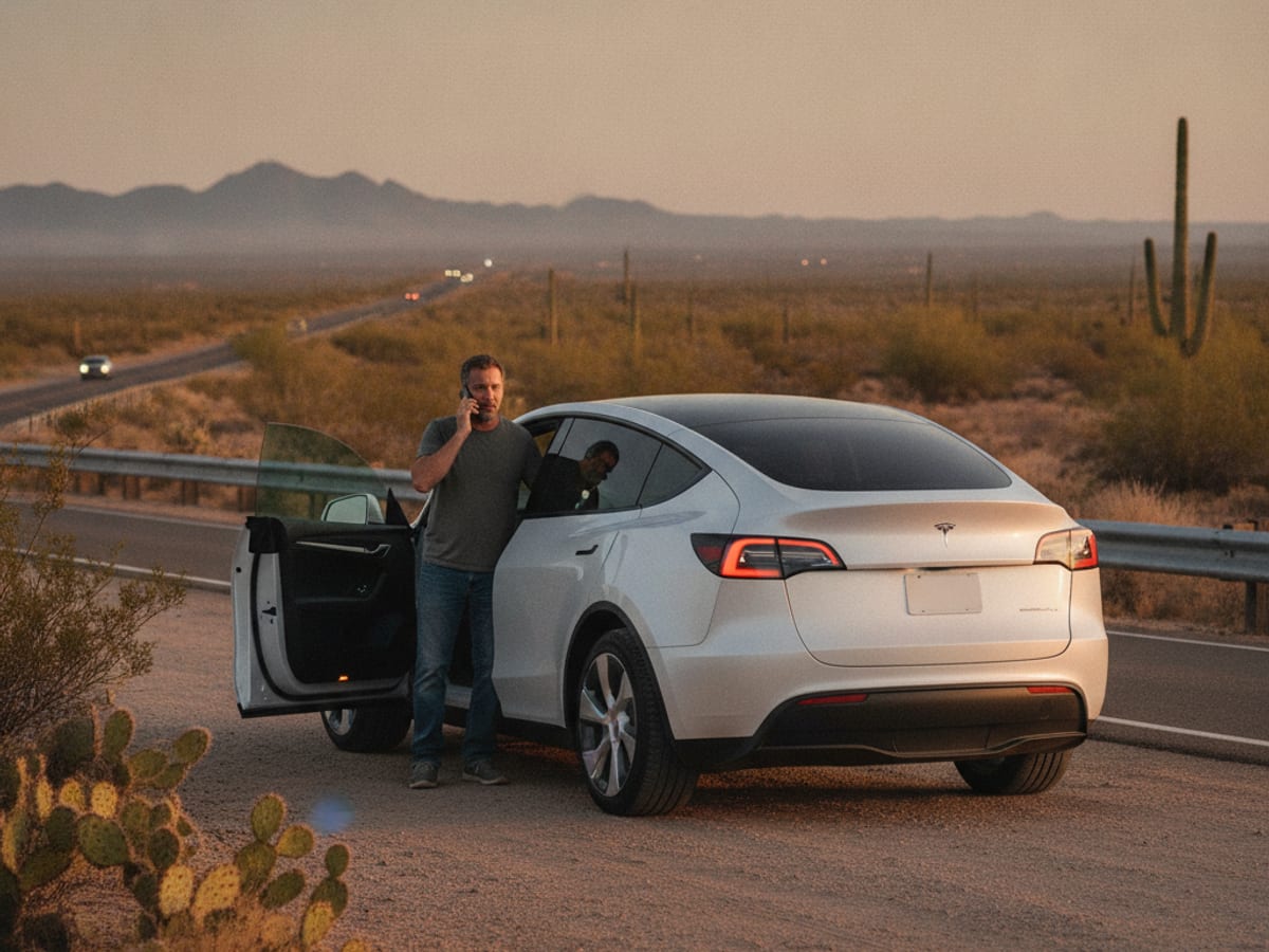 Mobile charging cable connected to a Tesla at a safe roadside location in the Phoenix area